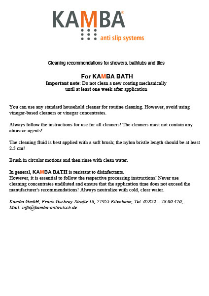 Cleaning instructions for shower, bathtub and tiles for KAMBA bathrooms.