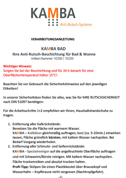 VERARBEITUNGSANLEITUNG. KAMBA BAD Ihre Anti-Rutsch-Beschichtung für Bad & Wanne.